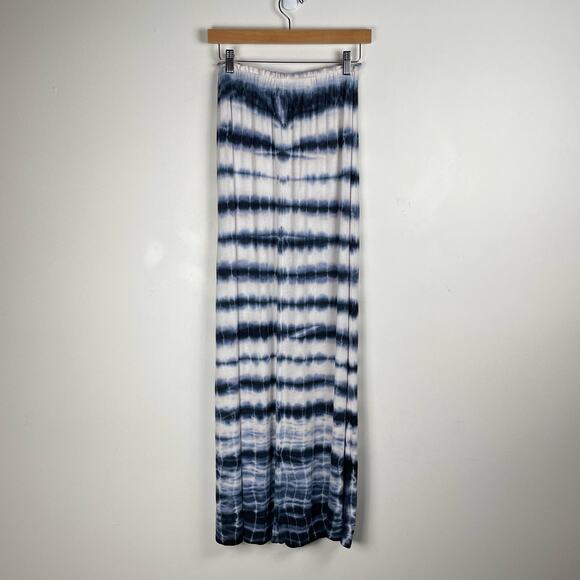 GO COUTURE Tie Dye Slit Long Maxi Skirt Medium Blue White Ruffled Waist Hippie - Picture 11 of 12